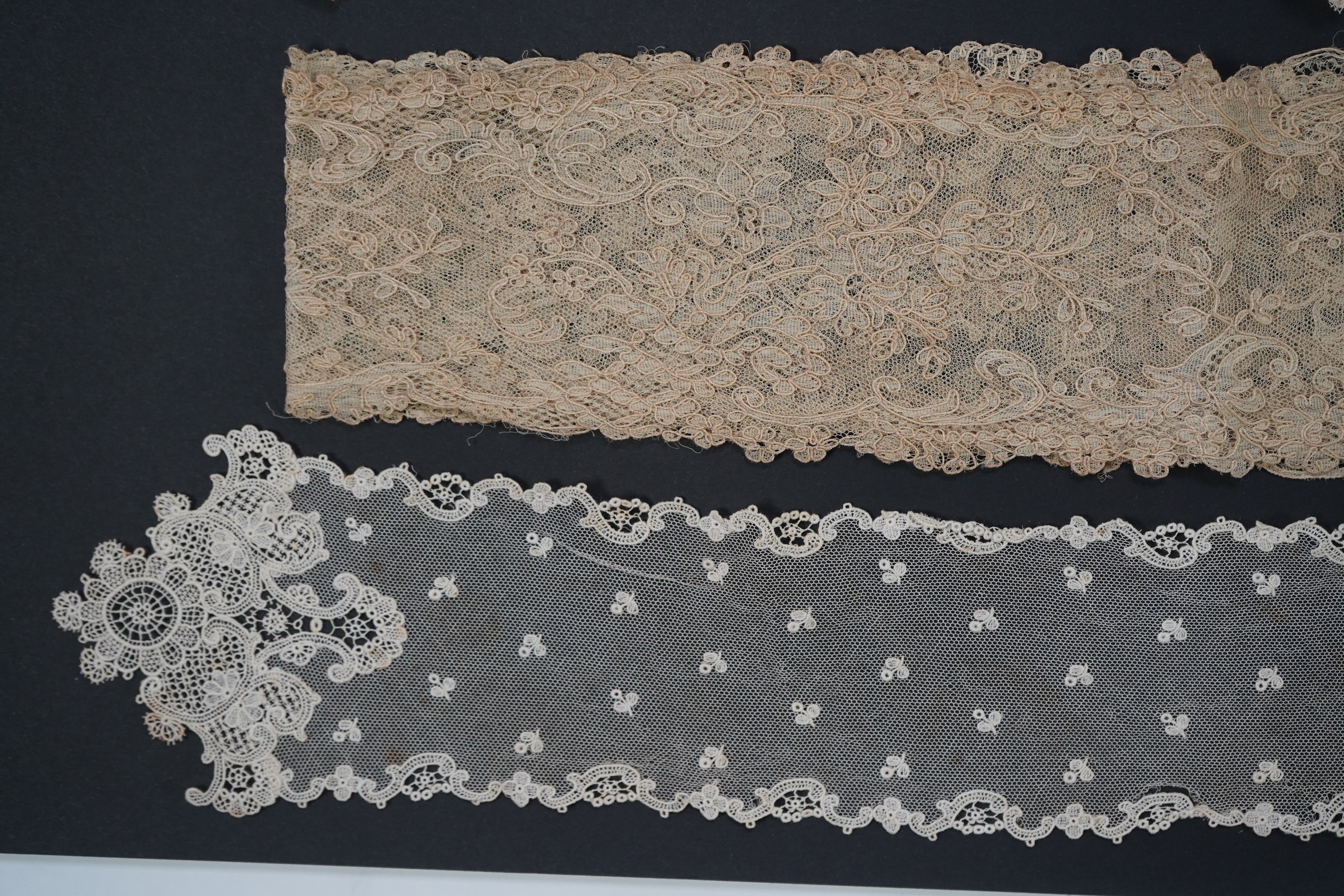 A variety of 19th and 20th century cream lace, being mixed hand and machine collars, lappets, trimmings together with a silk stole. Ideal for tv, film and theatre, stole 230 cm long. Condition - good